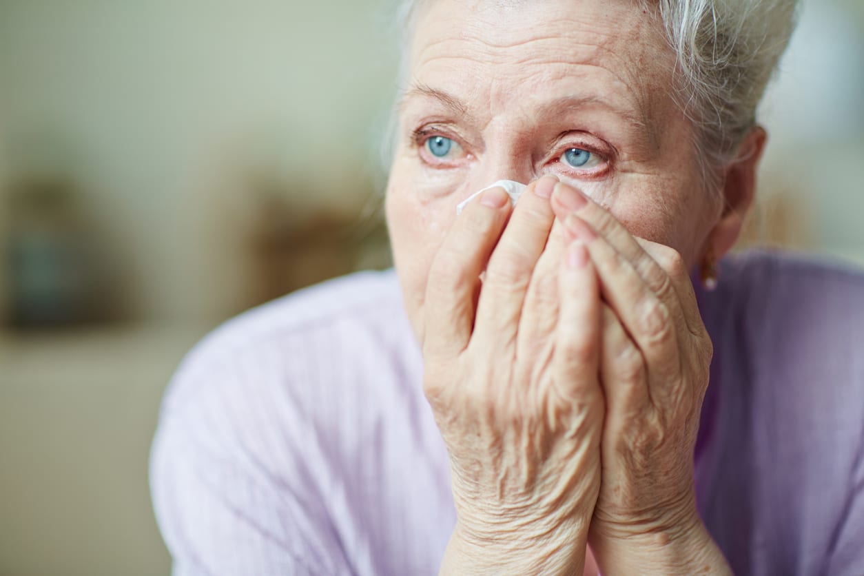 Distress And Suffering With A Human Eye Crying A Single Tear Drop With A  Screaming Facial Expression Of Anguish And Pain Due To Grief Or Emotional  Loss Or Business Burnout Stock Photo